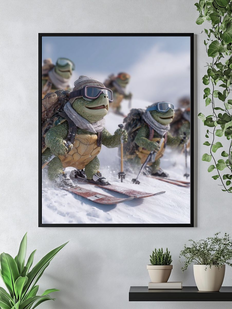 Skiing Turtles — Cartoon Print. — room view 4