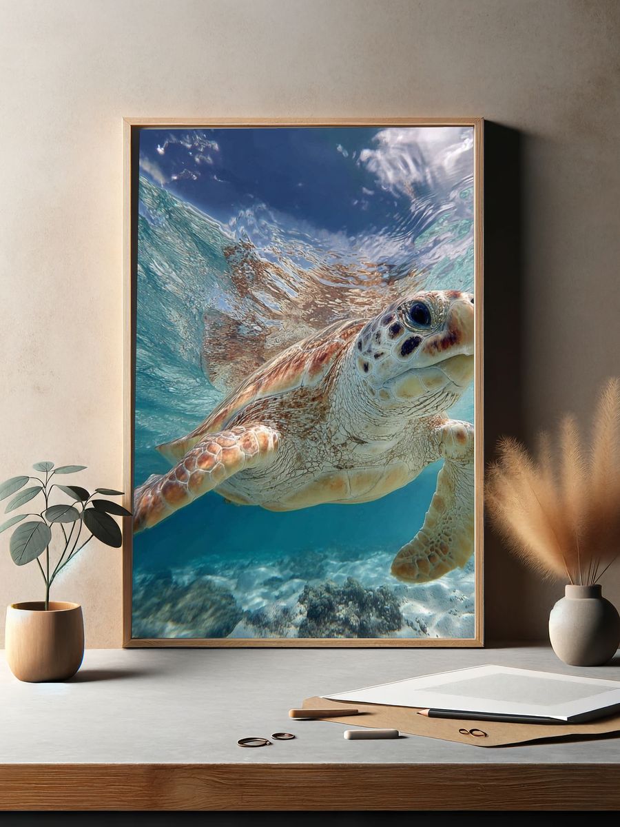 Sea Turtle Underwater Photography Poster. — room view 2