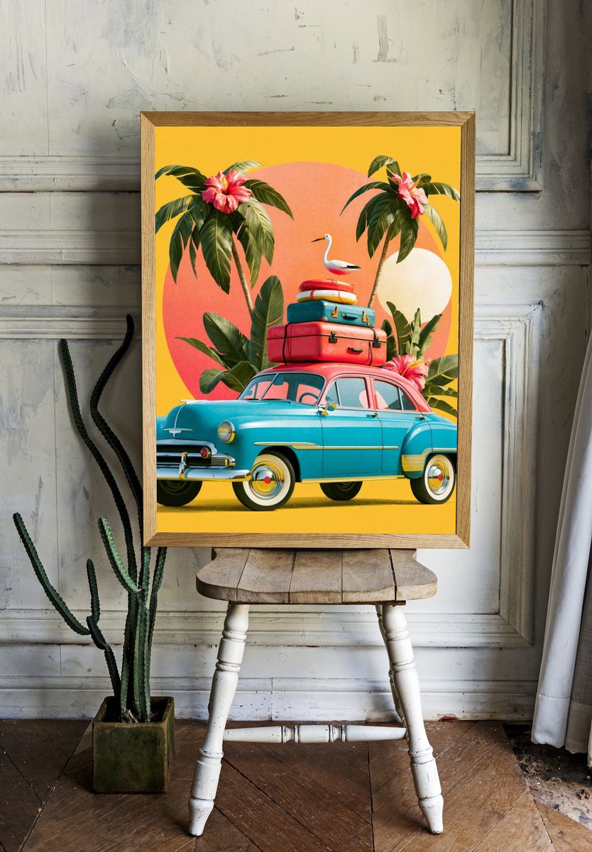 Tropical Vintage Car Poster. room preview