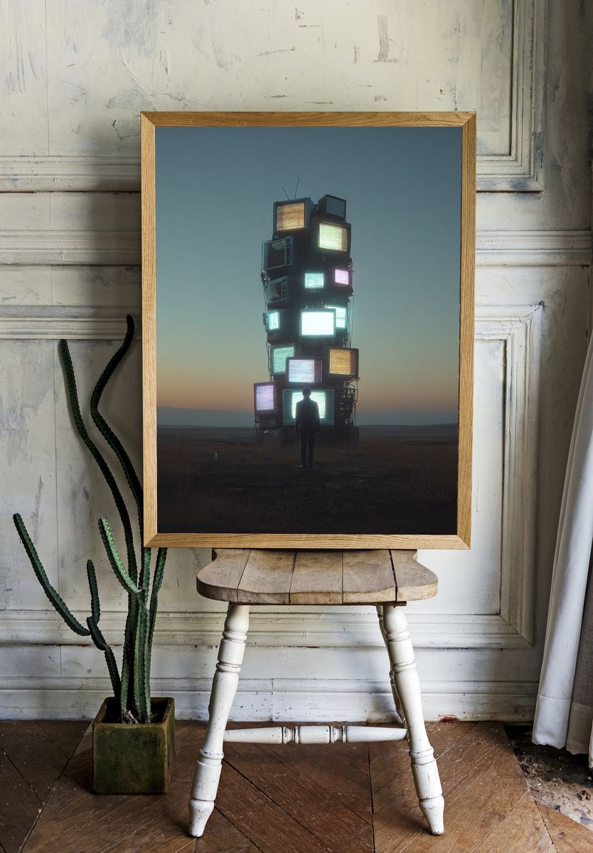 Tower of TVs — Surrealism Print. — room view 1