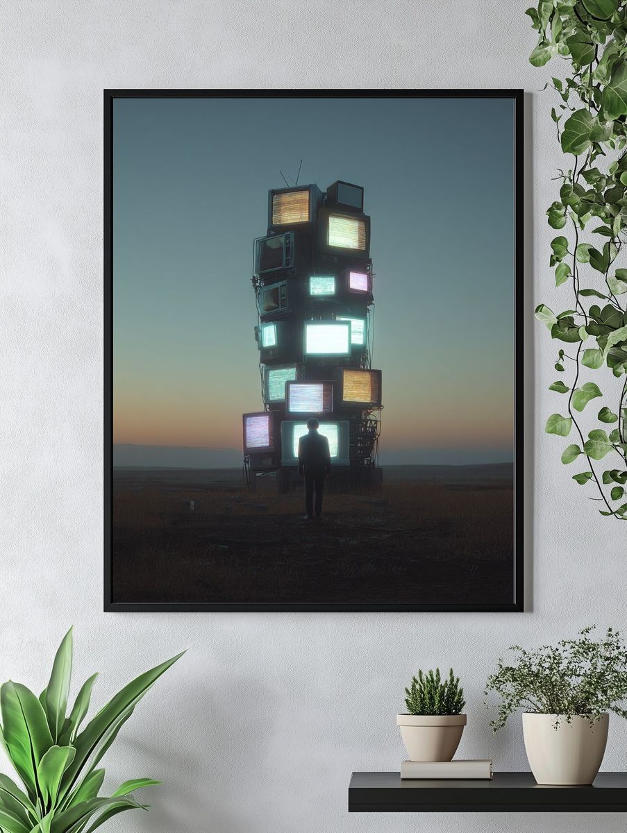 Tower of TVs — Surrealism Print. — room view 4