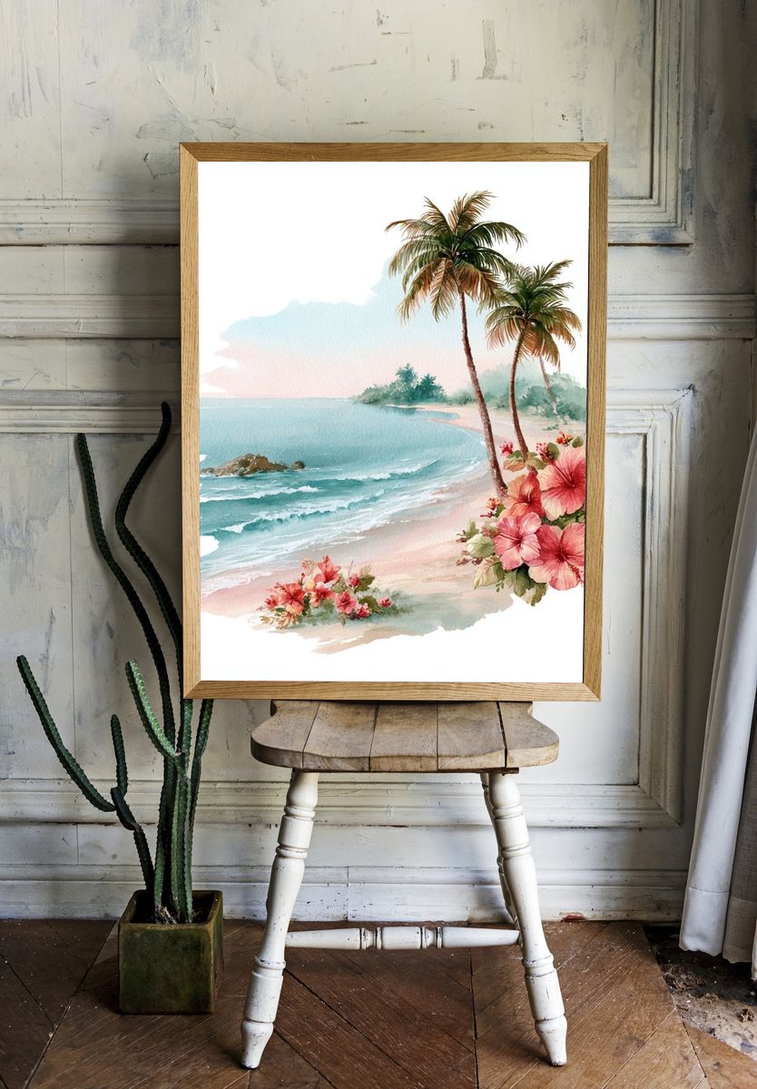 Tropical Beach Watercolor Poster. — room view 1