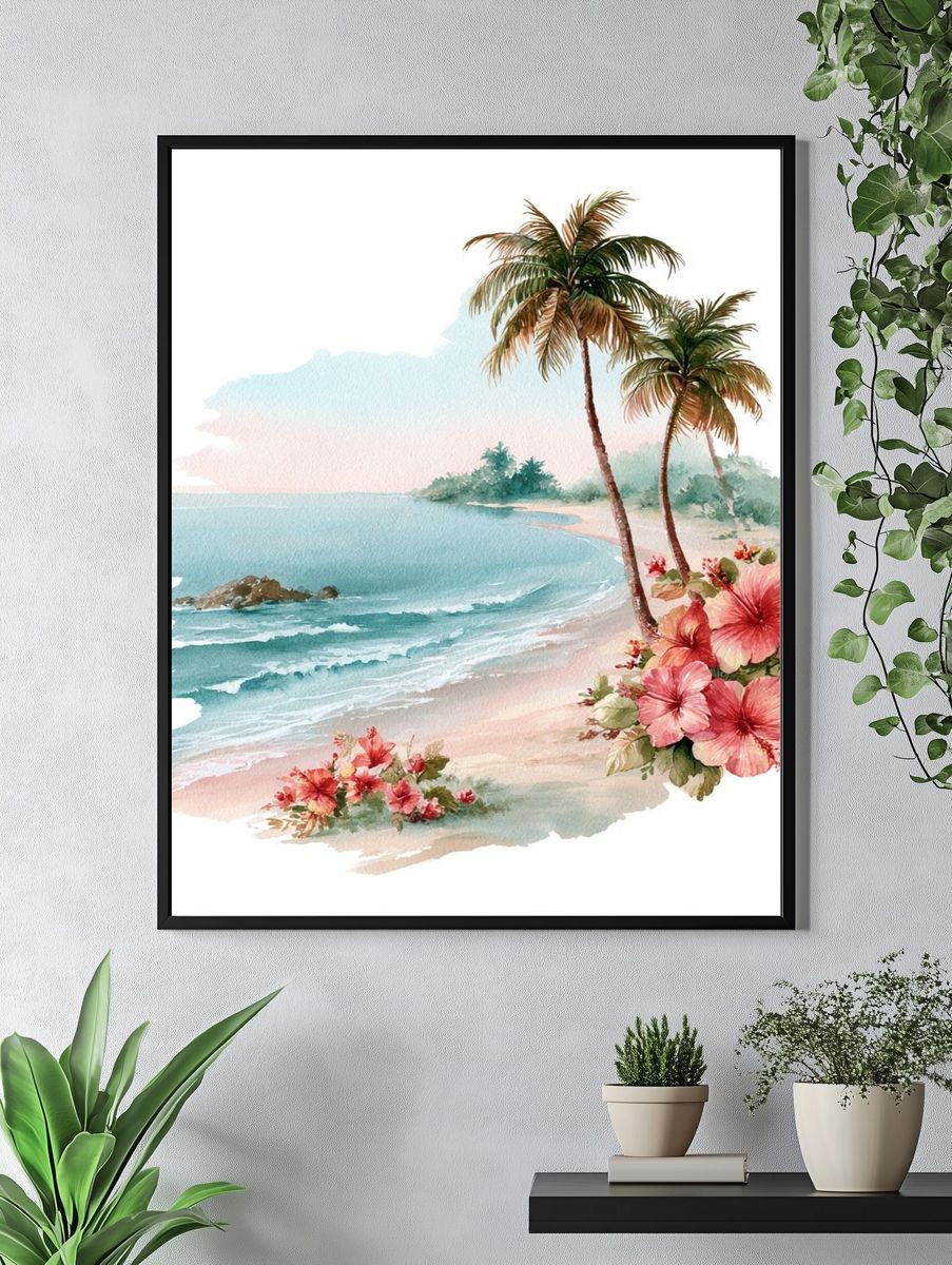Tropical Beach Watercolor Poster. — room view 4