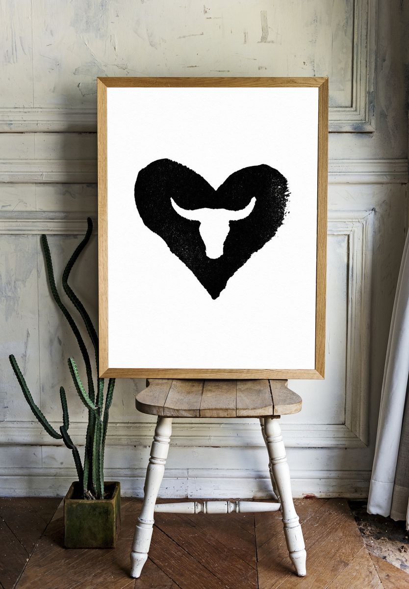 Heart Bull Skull Typography Print. room preview