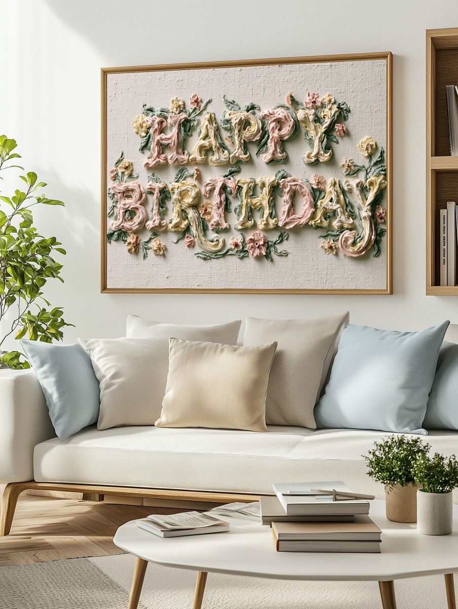 Happy Birthday Floral Typography Poster. — room view 2