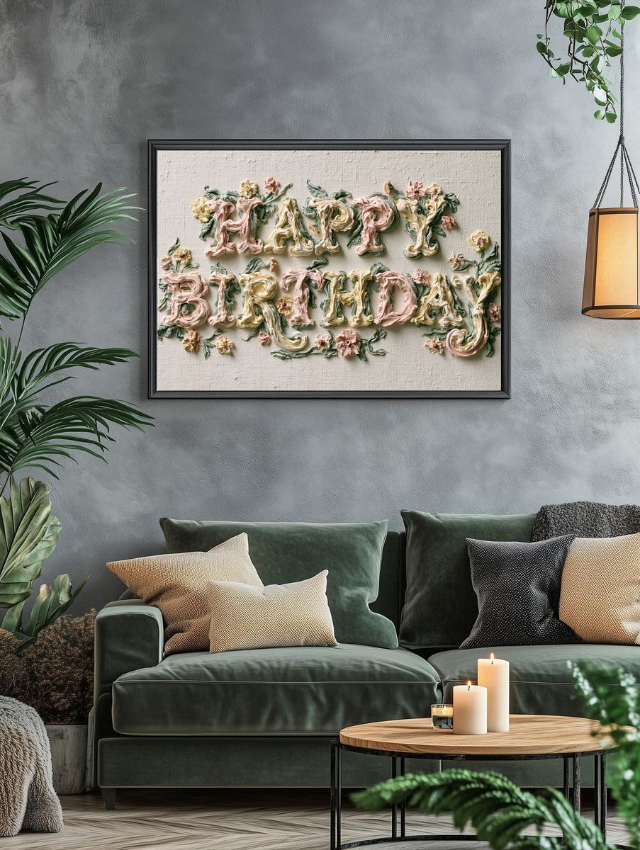 Happy Birthday Floral Typography Poster. — room view 4