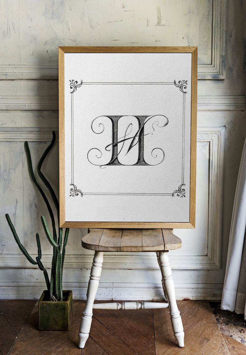 Ornate Monogram H Typography Print. room preview
