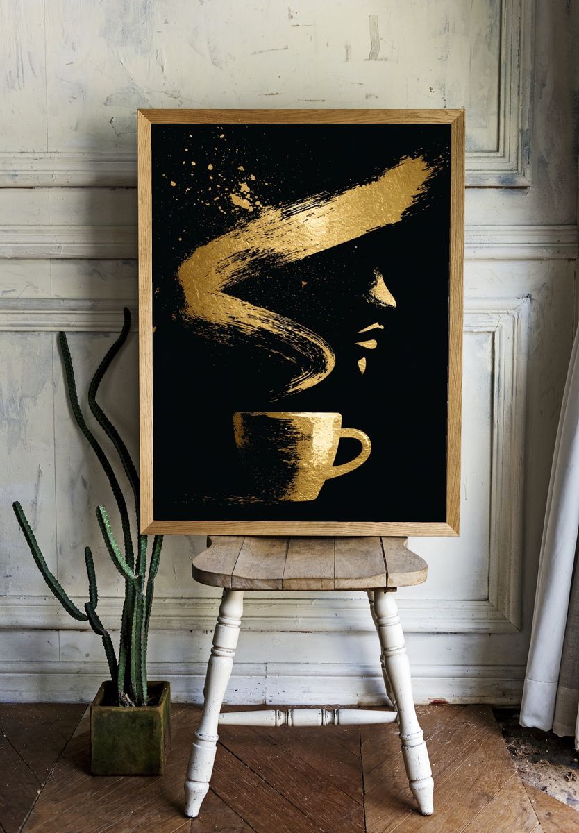 Golden Coffee Cup Typography Print. room preview