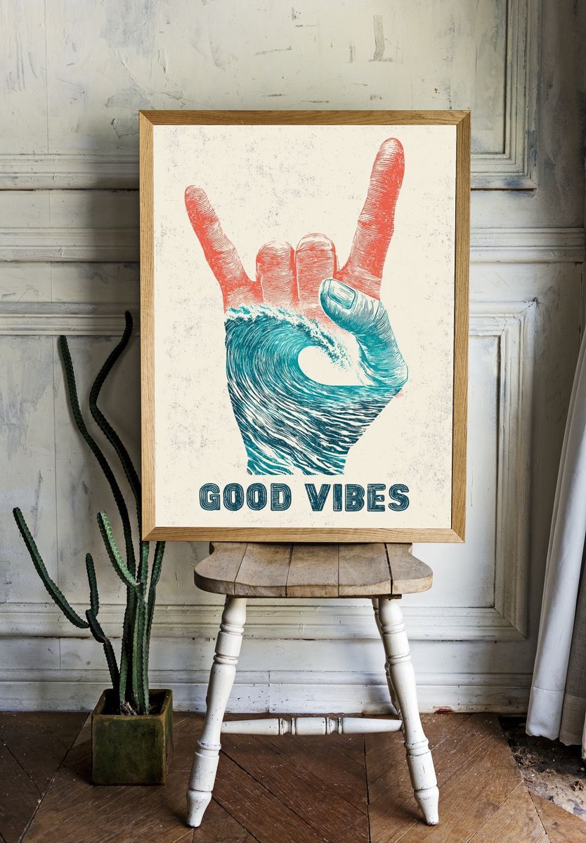 Good Vibes Hand Sign Typography Poster. room preview