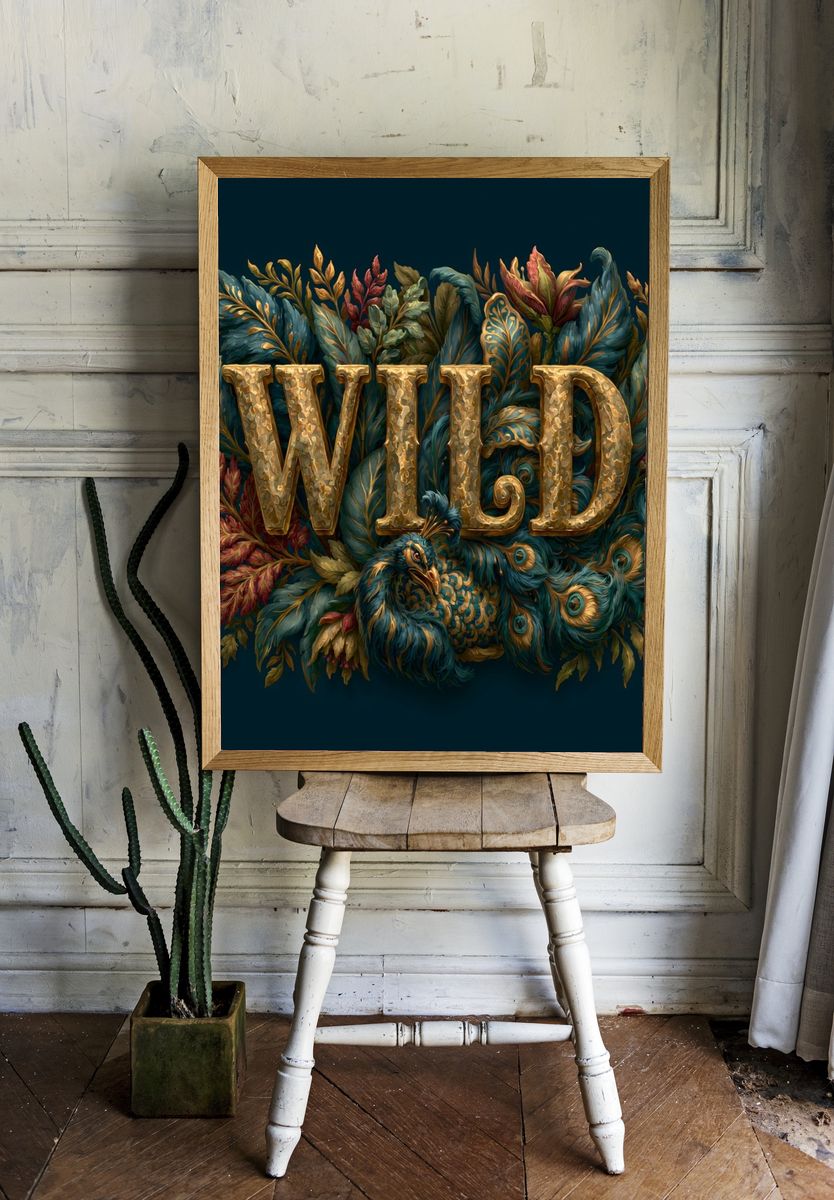 Wild Peacock Typography Print. room preview