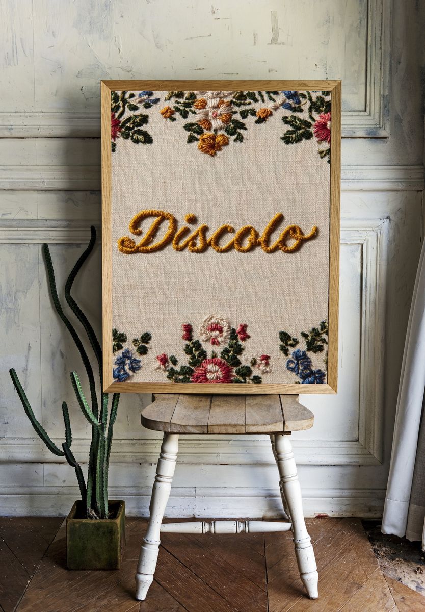 Discolo Embroidered Floral Typography Poster. — room view 1