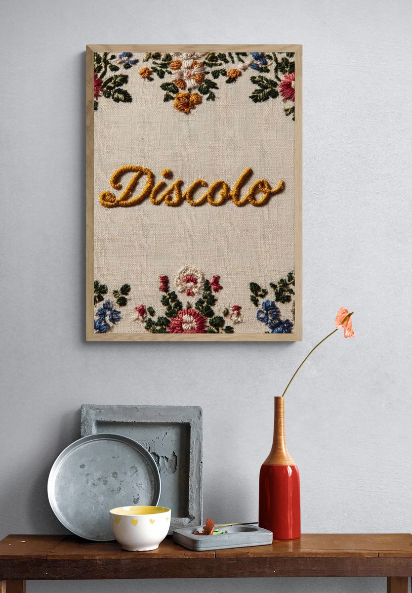 Discolo Embroidered Floral Typography Poster. — room view 3