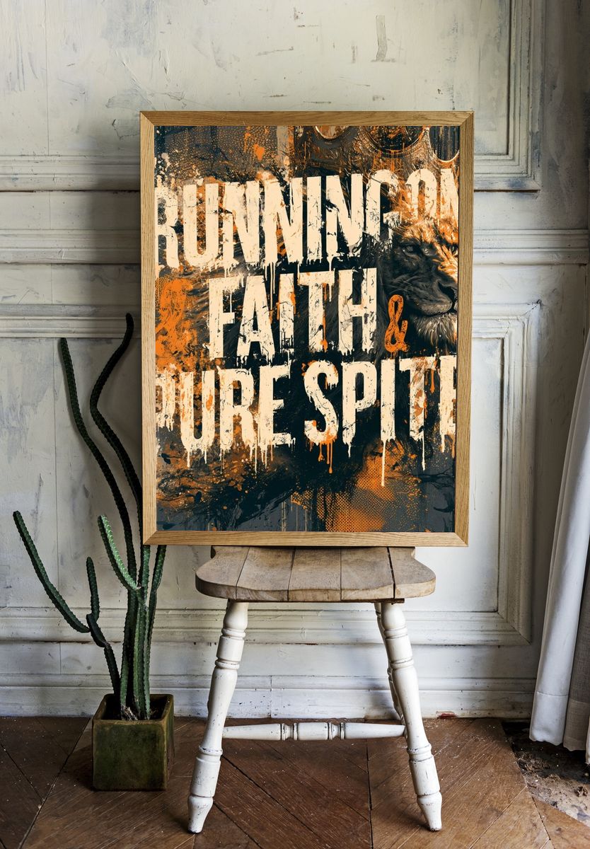 Running on Faith Lion Typography Poster. room preview