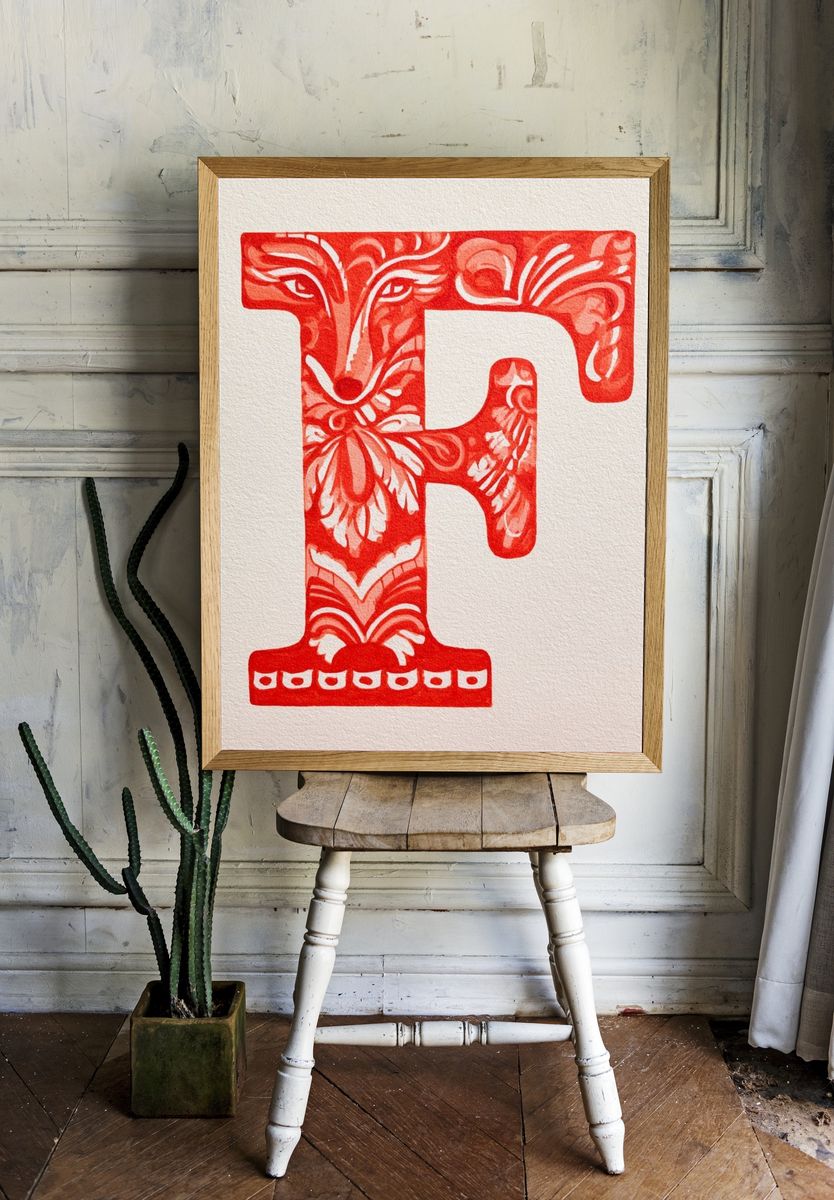 Floral Red Letter F Typography Poster. — room view 1