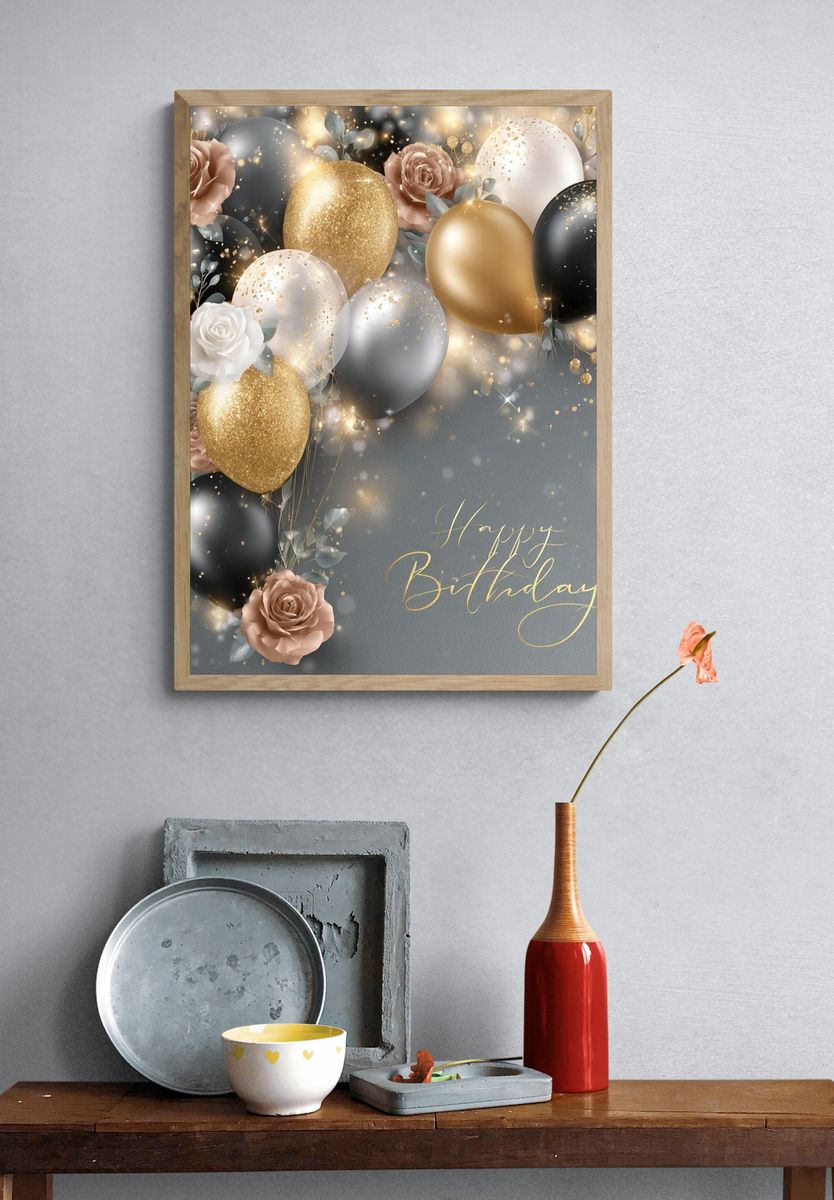 Happy Birthday Balloons Typography Poster. — room view 3