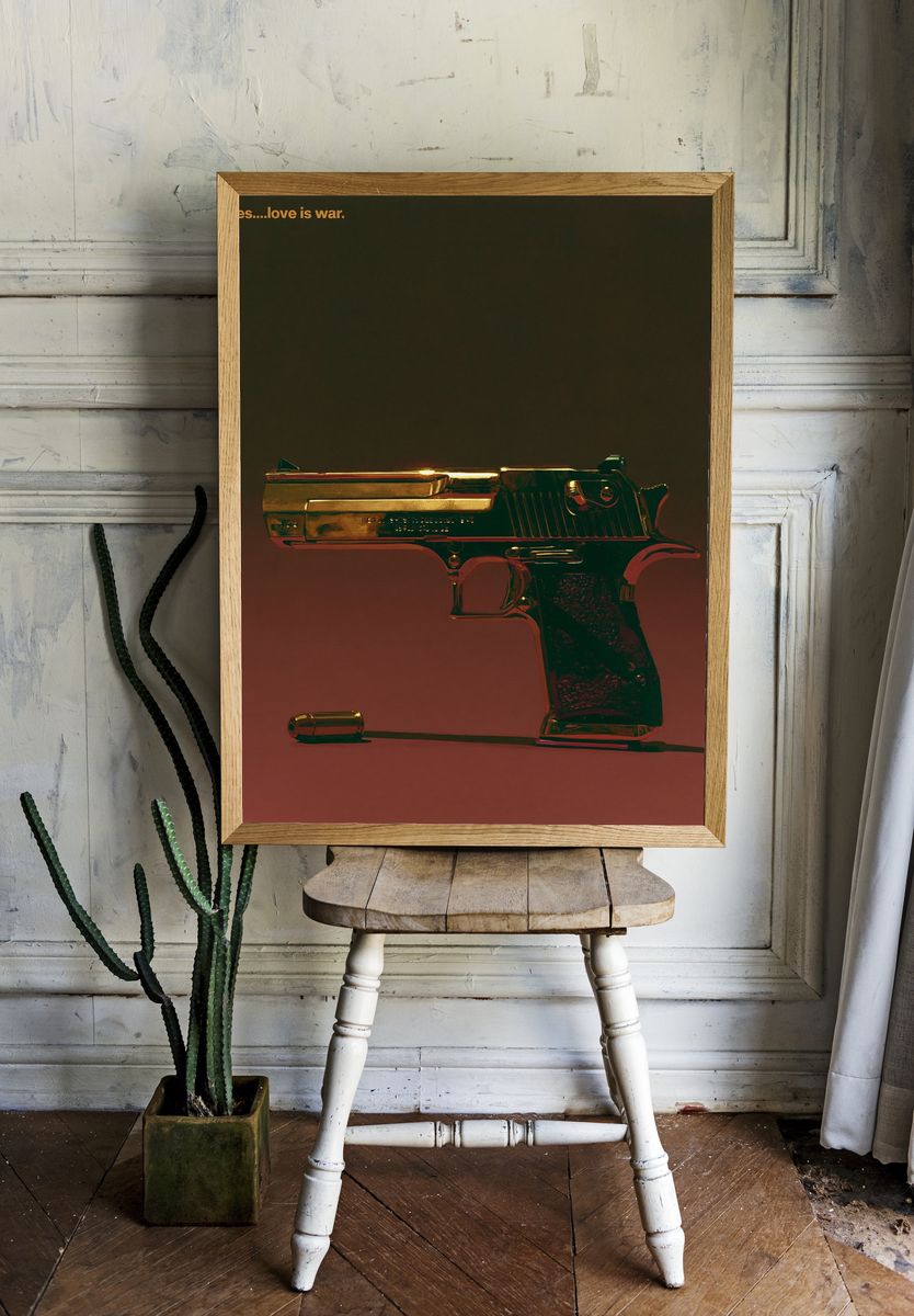 Golden Pistol Typography Poster. room preview