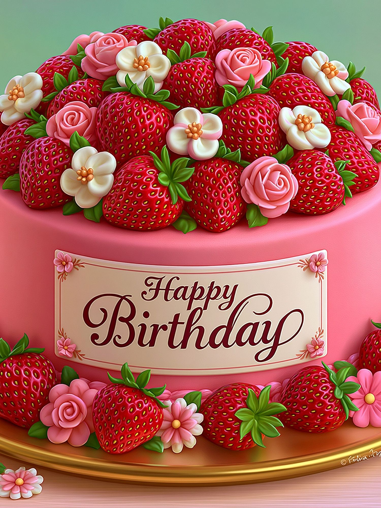 Happy Birthday Strawberry Cake Typography Poster. poster detail