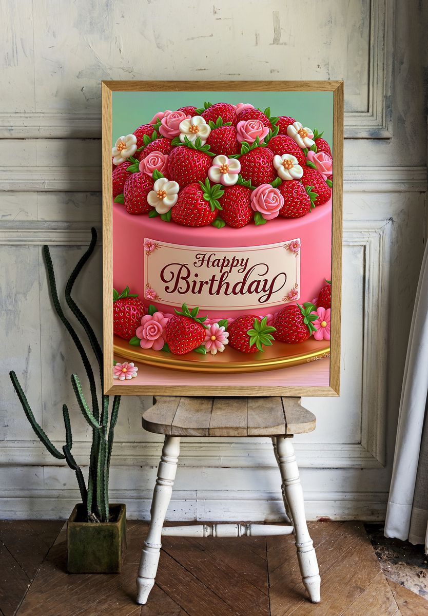 Happy Birthday Strawberry Cake Typography Poster. room preview