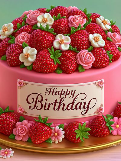 Happy Birthday Strawberry Cake Typography Poster. poster