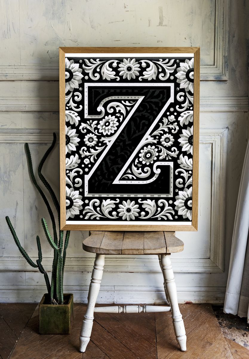 Floral Monogram Z Typography Print. room preview