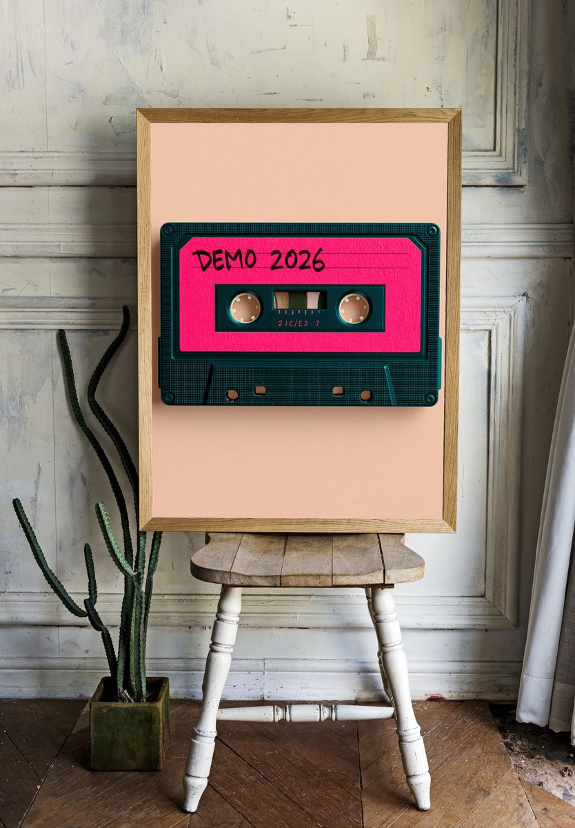 Demo 2026 Cassette Typography Poster. room preview
