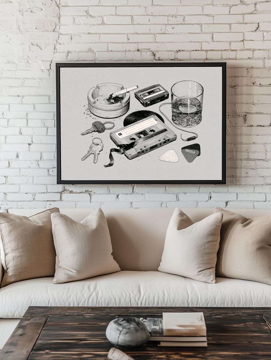 Cassette Still Life Typography Print. room preview