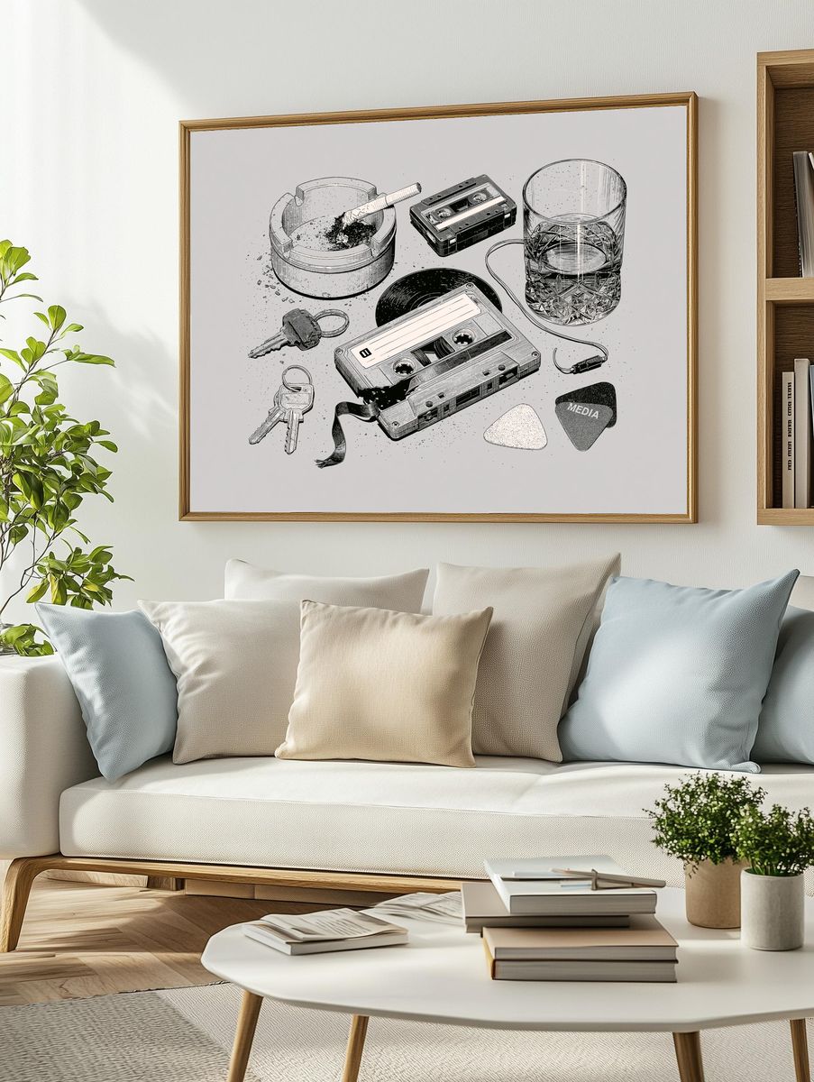 Cassette Still Life Typography Print. — room view 2