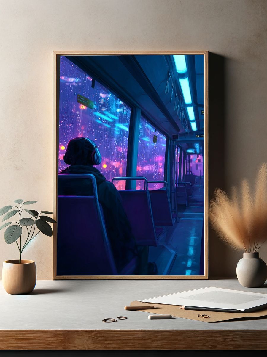 Urban Night Bus — Digital Art Print. — room view 2