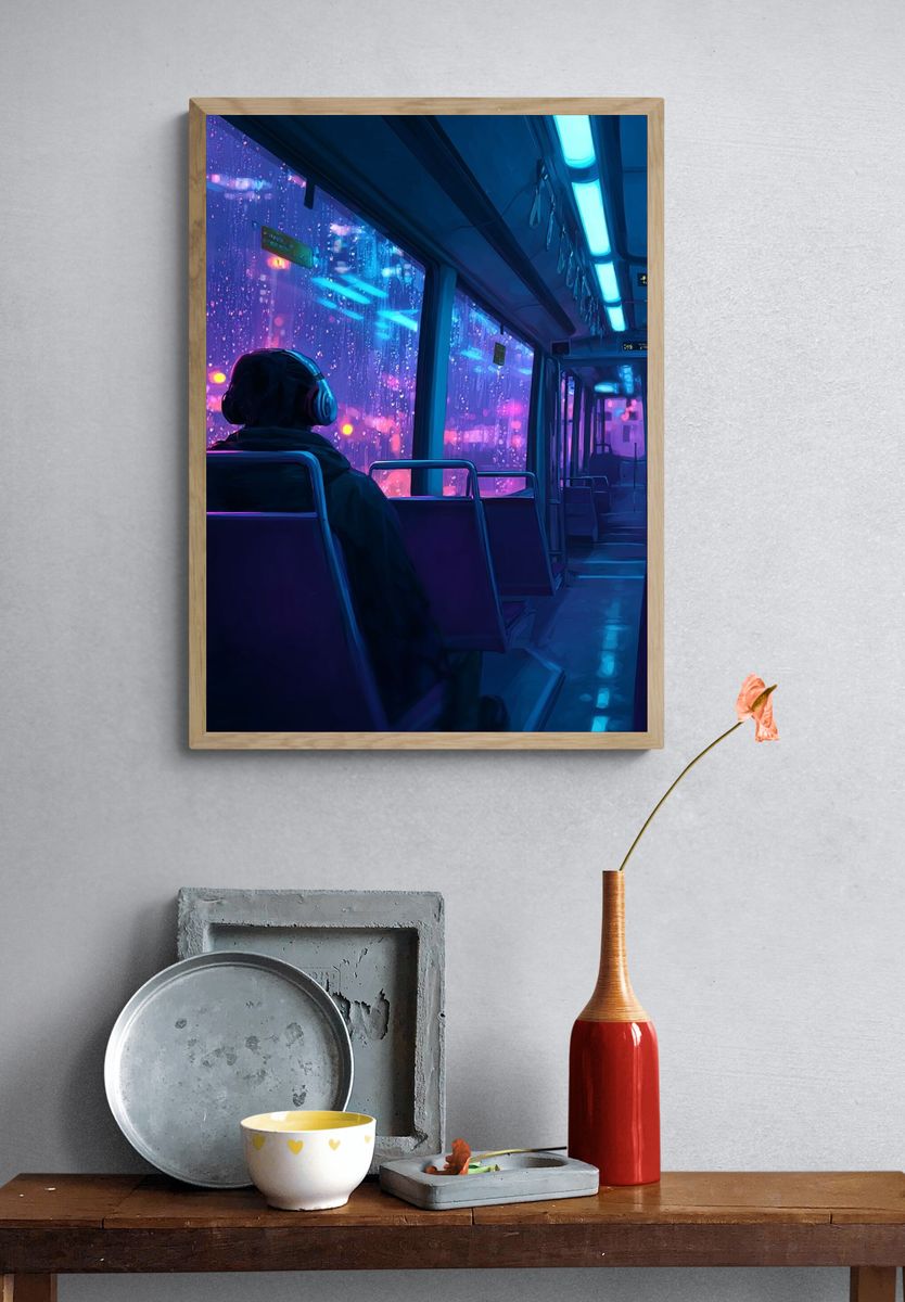 Urban Night Bus — Digital Art Print. — room view 3