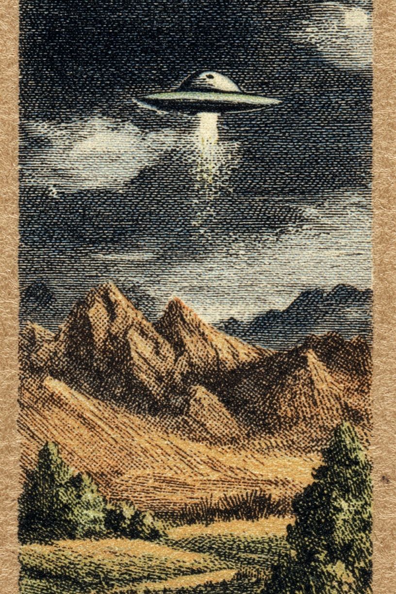 UFO Over Mountains — Vintage Print. poster detail