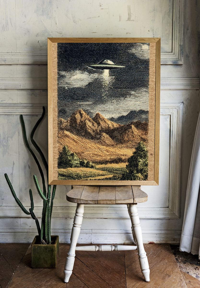 UFO Over Mountains — Vintage Print room preview