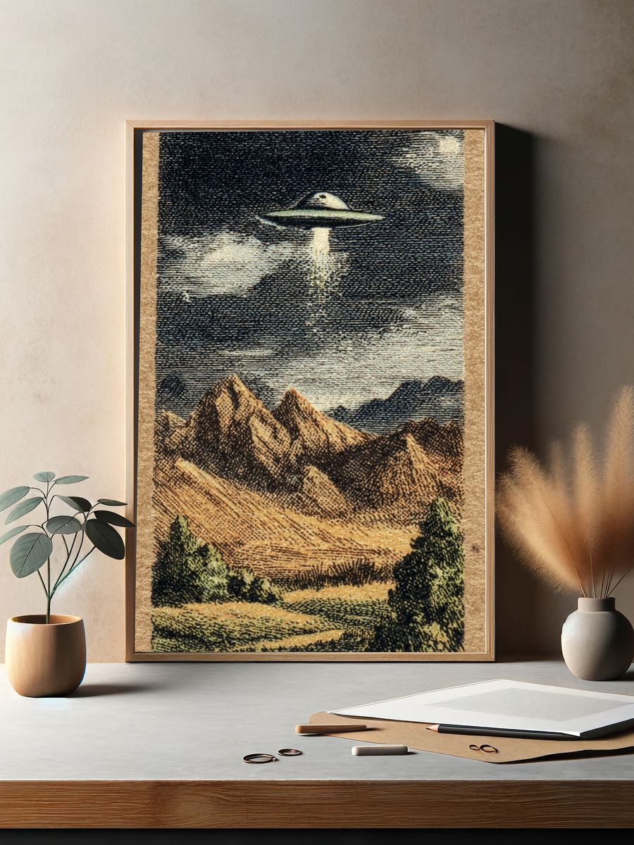 UFO Over Mountains — Vintage Print. — room view 2