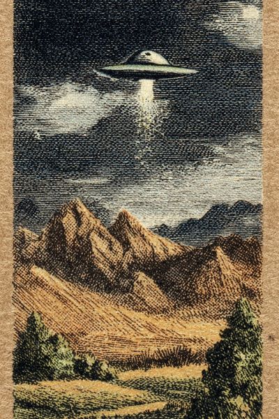 UFO Over Mountains — Vintage Print