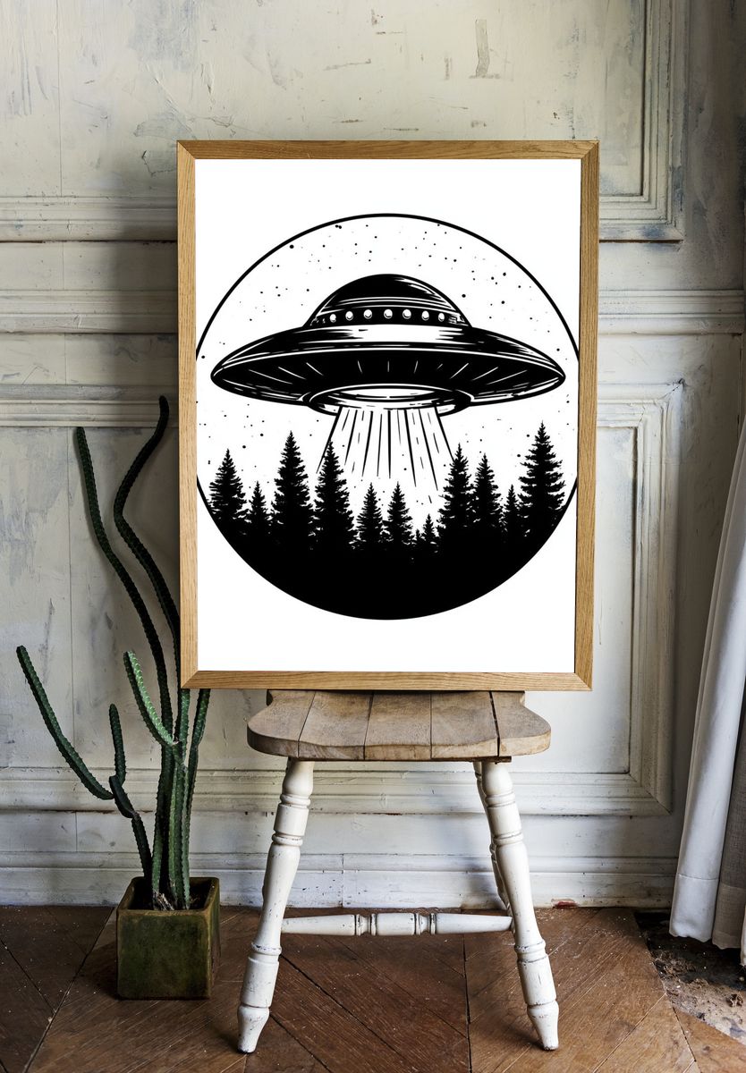 UFO Over Forest Black-White Poster. room preview