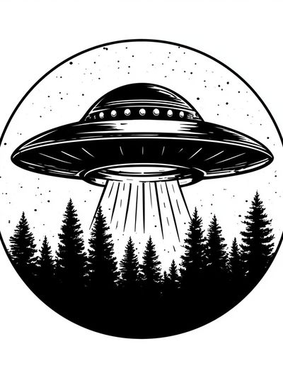 UFO Over Forest Black-White Poster.