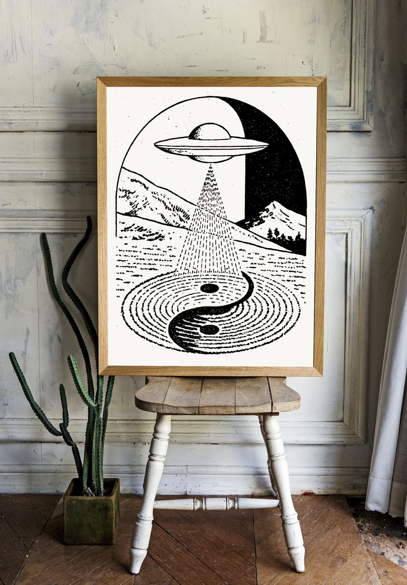 UFO Over Mountains Illustration Poster. — room view 1