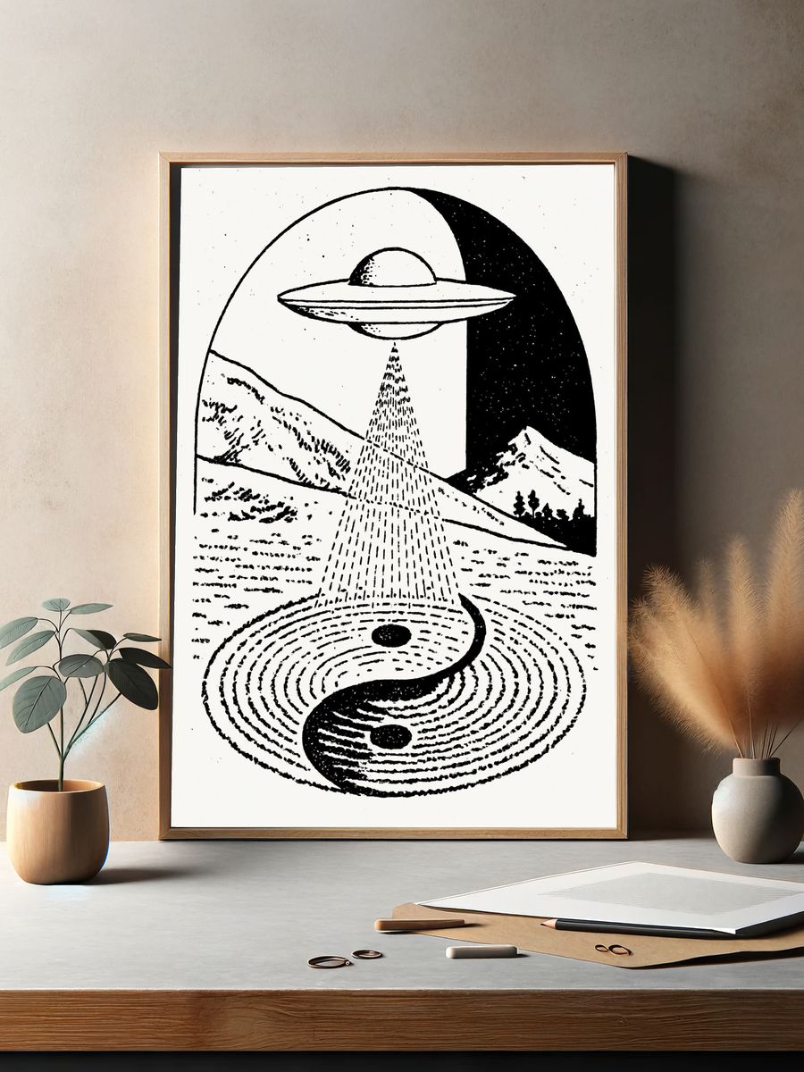 UFO Over Mountains Illustration Poster. — room view 2