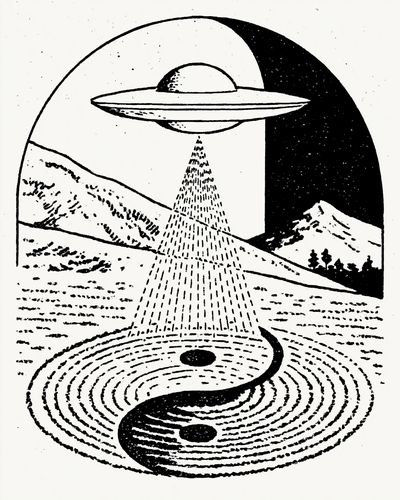 UFO Over Mountains Illustration Poster. poster