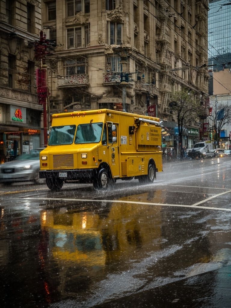 Yellow Food Truck in Rain — Urban Photography Print. poster — photography art
