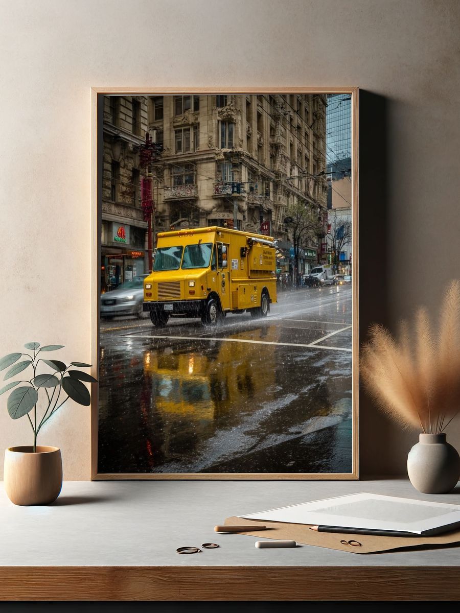 Yellow Food Truck in Rain — Urban Photography Print. — room view 2
