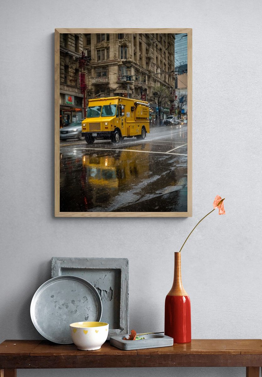 Yellow Food Truck in Rain — Urban Photography Print. — room view 3