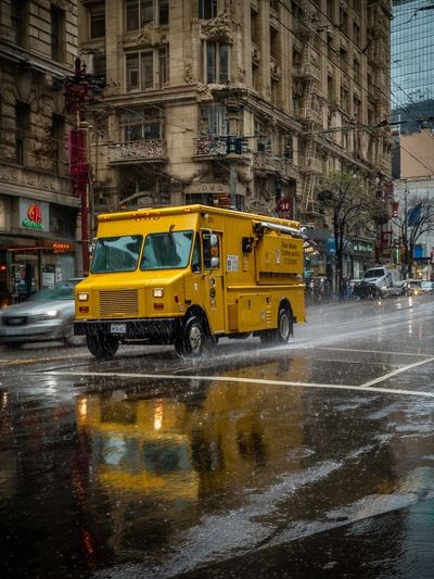 Yellow Food Truck in Rain — Urban Photography Print. poster