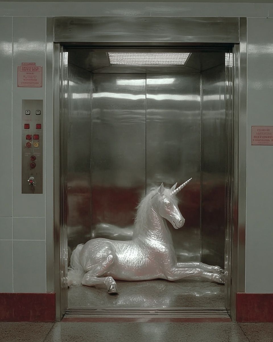 Unicorn in Elevator — Surrealism Print. poster — fine-art art