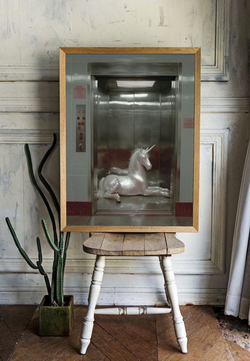 Unicorn in Elevator — Surrealism Print. — room view 1