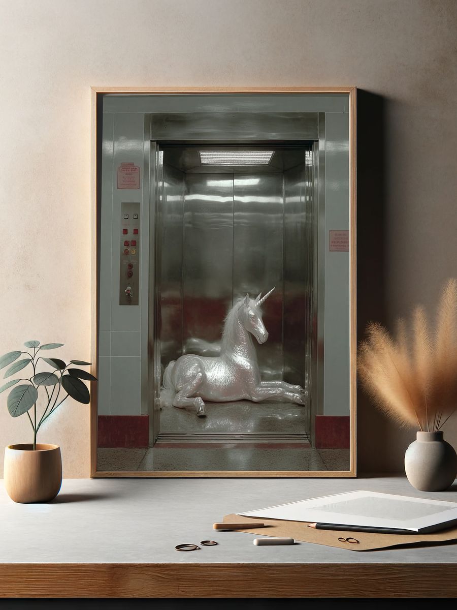 Unicorn in Elevator — Surrealism Print. — room view 2