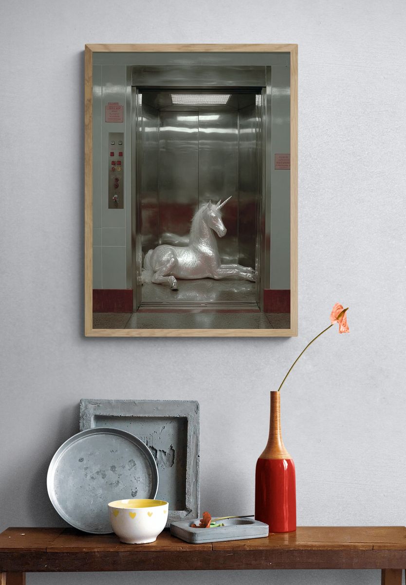 Unicorn in Elevator — Surrealism Print. — room view 3
