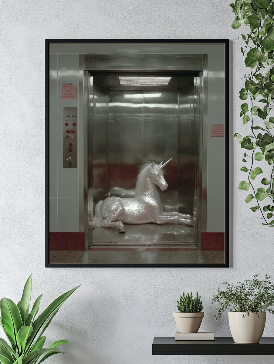 Unicorn in Elevator — Surrealism Print. — room view 4
