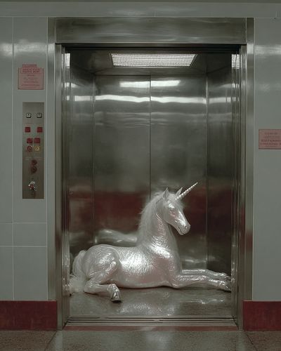 Unicorn in Elevator — Surrealism Print. poster print