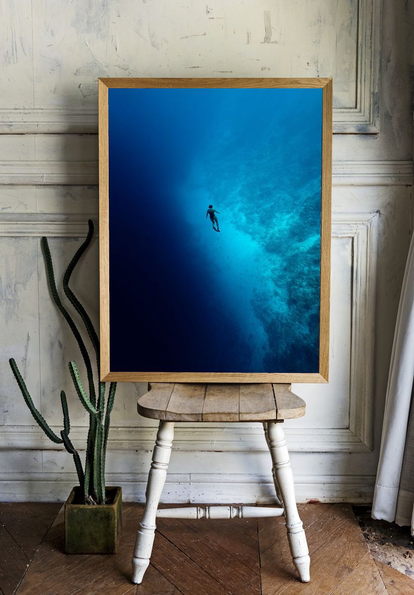 Underwater Diver Blue Depths Poster. room preview