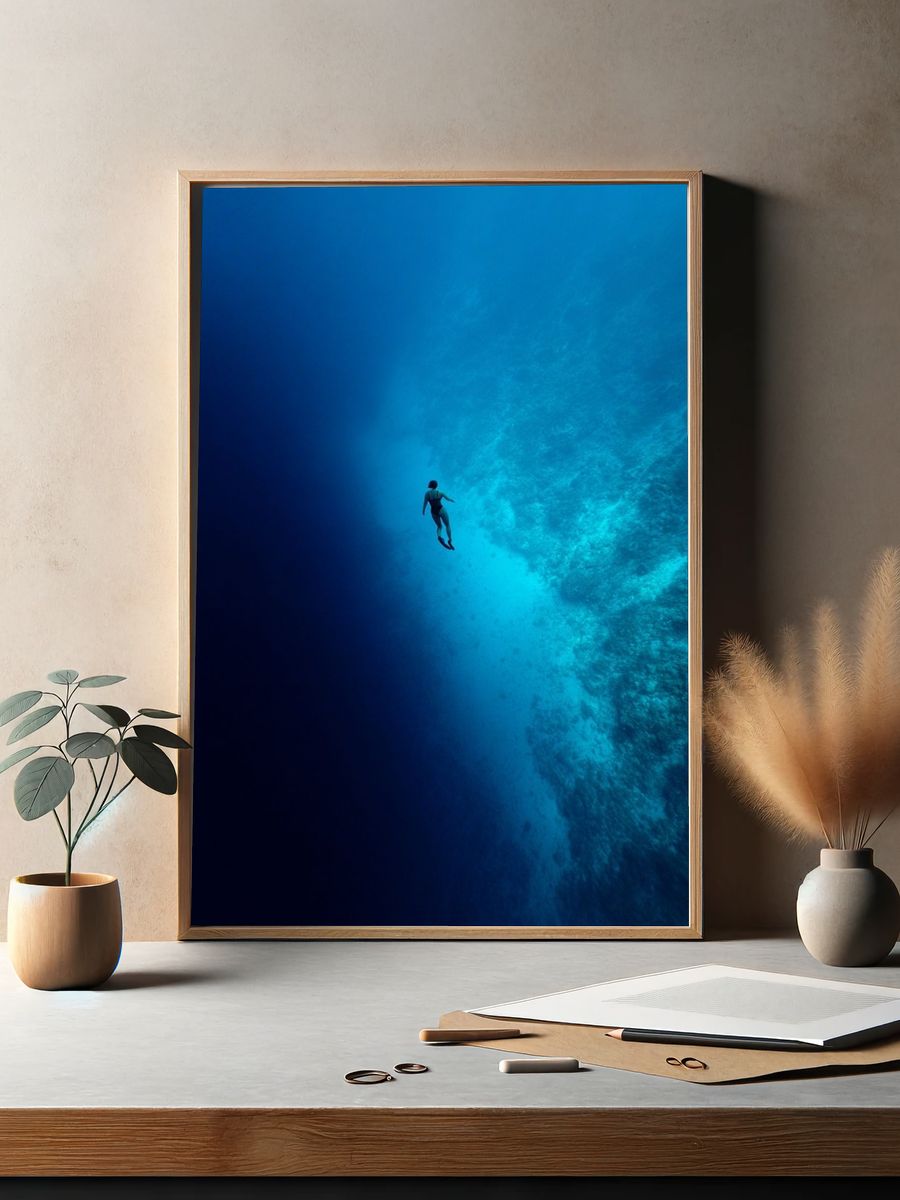 Underwater Diver Blue Depths Poster. — room view 2